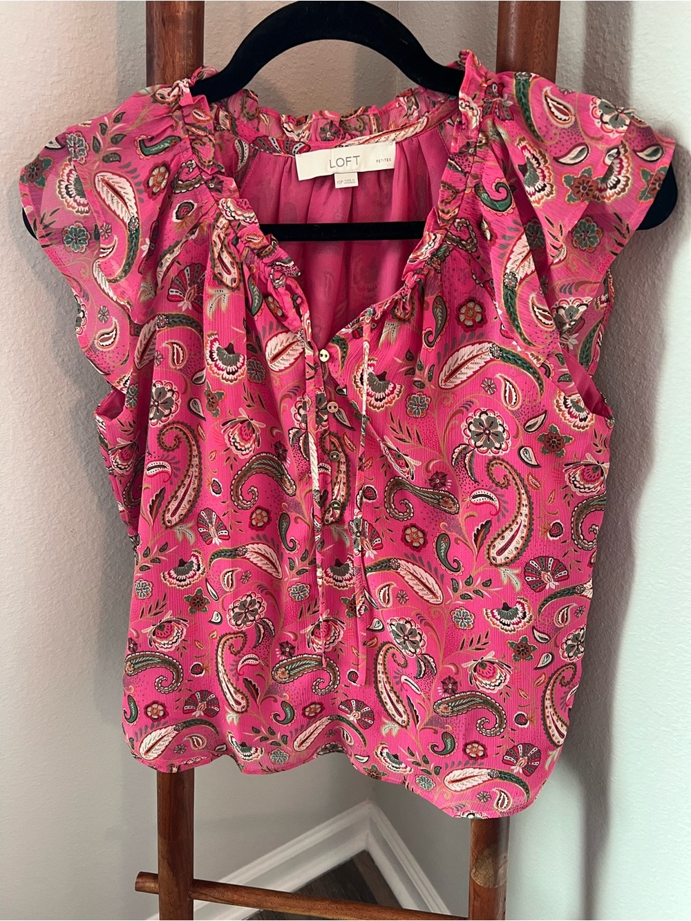 LOFT Pink Paisley Ruffled Cap-Sleeve Blouse